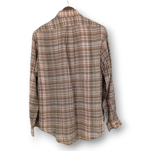 Polo Ralph Lauren Men's 100% Linen Long Sleeve Button Up Tan Plaid Shirt Large - Picture 3 of 8